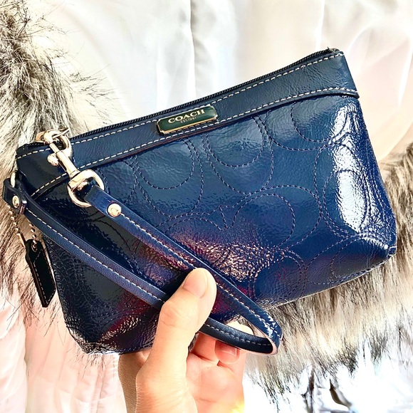 Coach Handbags - COACH⚡️Navy Blue Pattern Leather Wristlet/Clutch